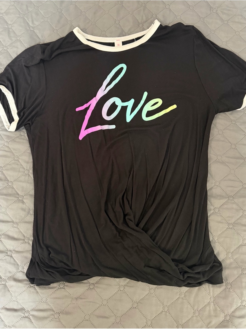 No Boundaries Black Tee with Pastel Rainbow "Love" Script